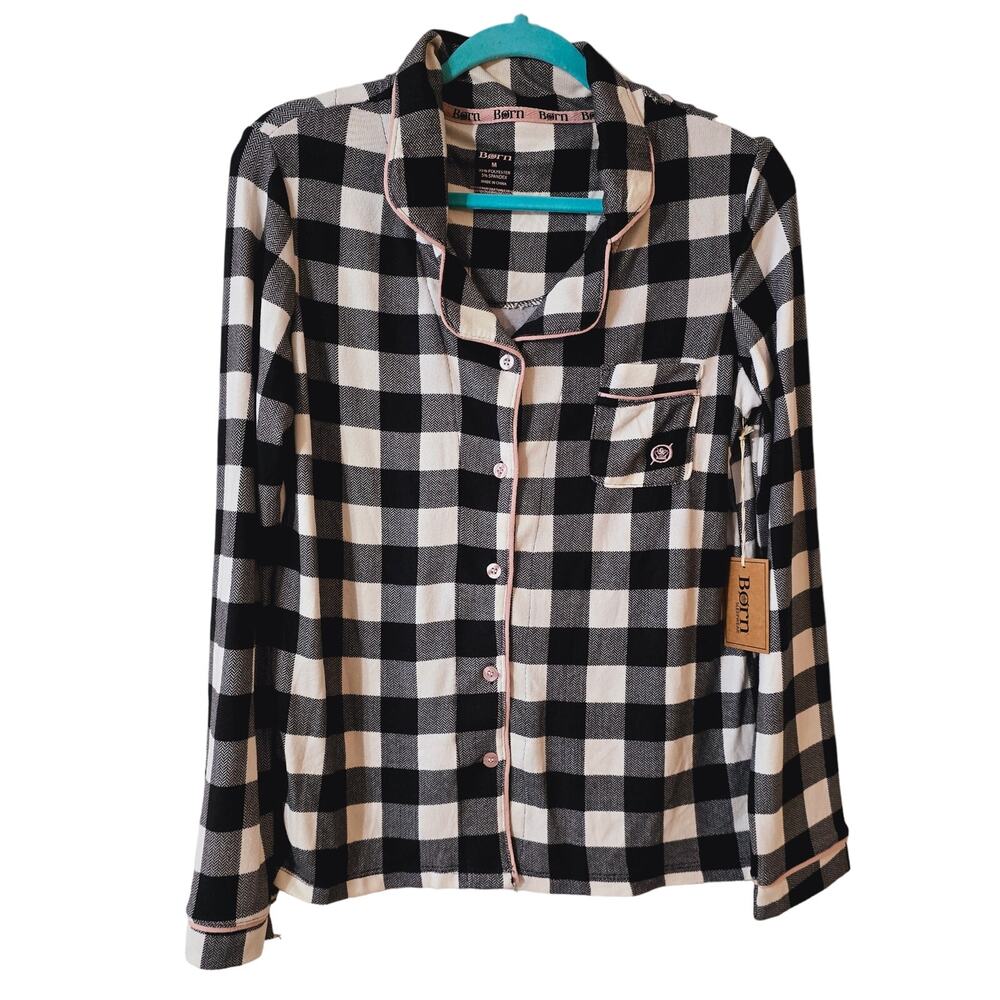 NWT Born Navy White Buffalo Check Button Up Sleeping Shirt Pajamas Size M Medium